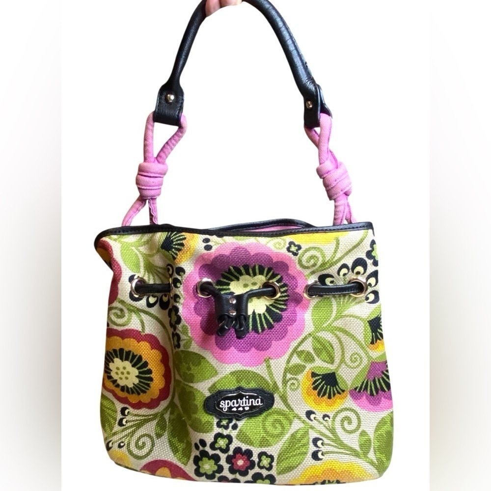 Spartina 449 Floral Print Canvas Leather trim drawstring bucket bag